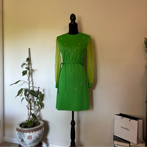 Vintage Dresses & Skirts - 60s Vintage Green Mod Studded Mini Dress